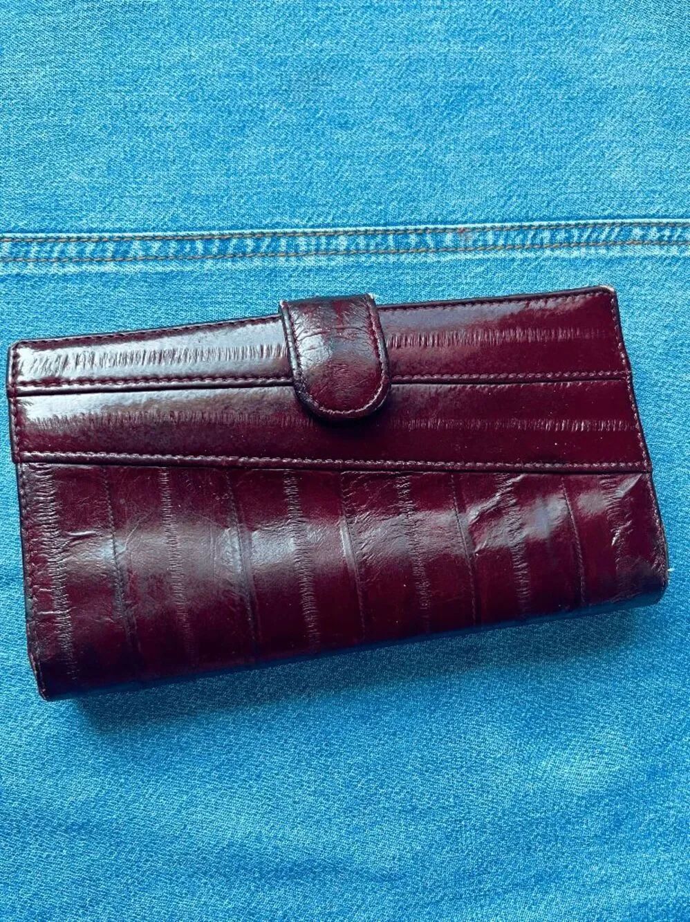 VTG Genuine Eelskin Burgundy Leather Wallet Clutch Kiss Lock Organizer Boho Chic